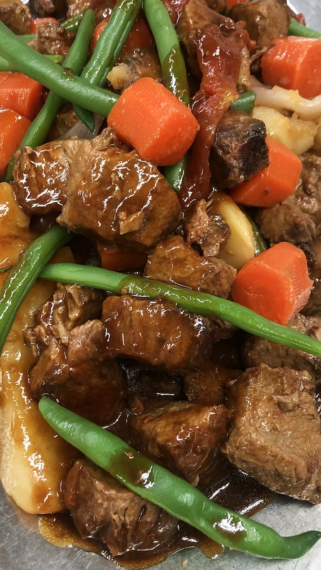Beef stew with potatoes, carrots and green beans