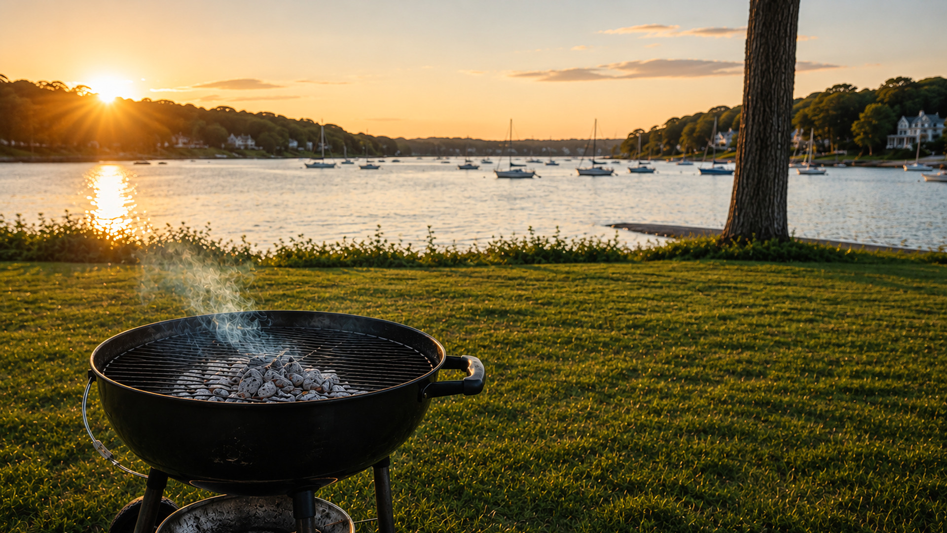 A charcoal grill, coals ashed and ready, smoke drifting over the harbor at sunset